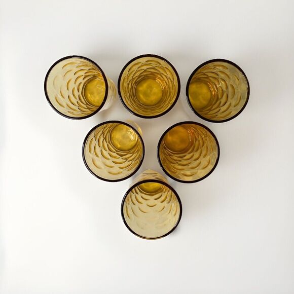 6 Hazel Atlas Amber El Dorado Optic Dot Coin Tumbler Juice Glasses MCM Vintage - Picture 2 of 11